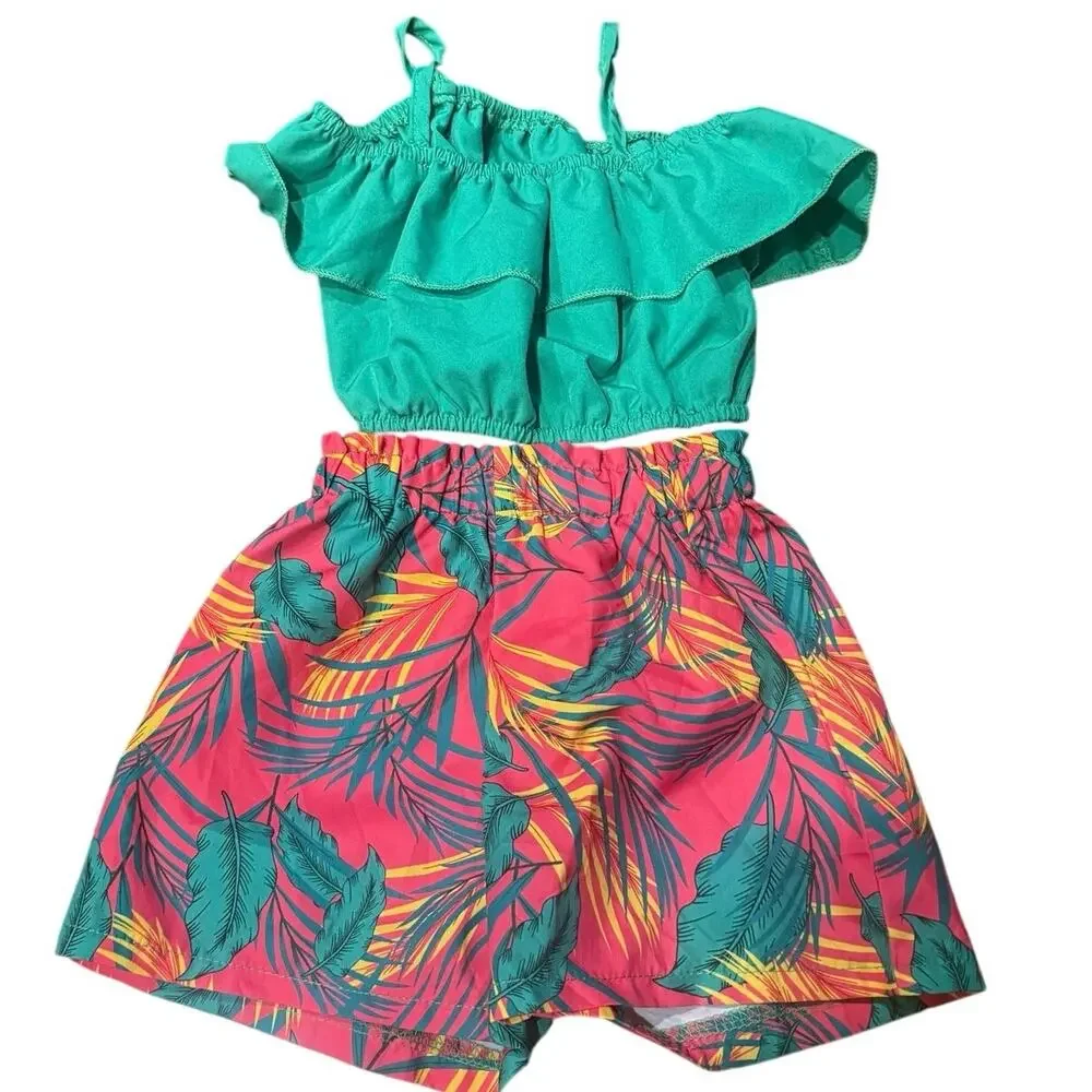 2 Tropical Summer Outfit Sets 12-24M Off Shoulder Crop Top Shorts Bundle